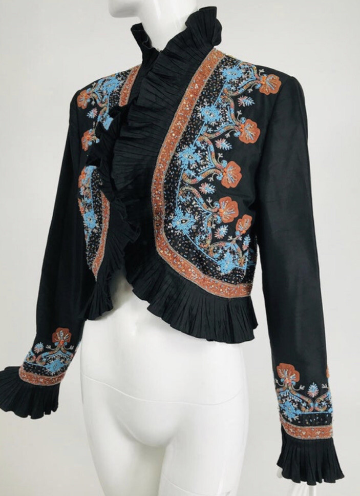 mary ann restivo Bolero Jacket Black Taffeta Blue MultiBeaded Embroidery  Size S