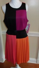 NWT LDT Colorblock Orange/Plum/Black Pleated Belted Sleeveless Dress 12 $219
