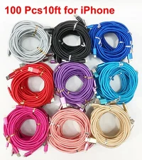 100 Pack 10Ft Wholesale Heavy Duty Charger Cord Cable for iPhone 7 8 + X 6 5   .