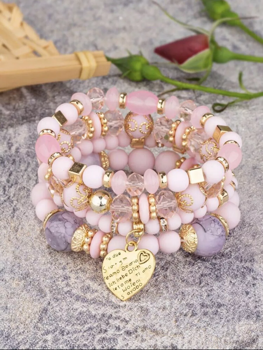 Multi Beaded Bracelets Layer Stretch Heart Charms Pink Beach Hippie BOHO  4PCS