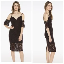 Bardot Dress Womens 6 Lace floral cold shoulder midi Bodycon Burgundy I