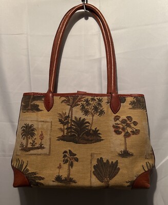 Vintage Tommy Bahama Palm Tree Tapestry Brown Leather Satchel Handbag  Purse