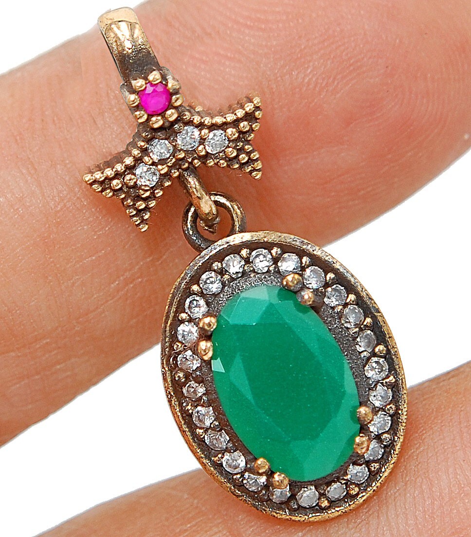 Ottoman Empire Style 3CT Treated Emerald 925 Sterling Silver Pendant TC5