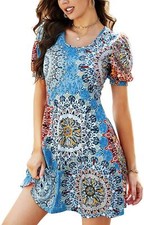 Romanstii Casual T-Shirt Puffy Short Sleeve Mini Dress Pockets Boho, Blue, M