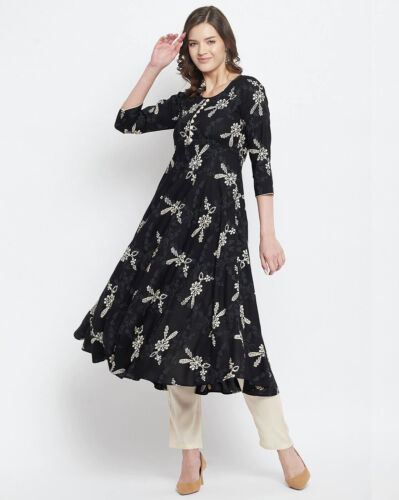 Indian Women Finest Quality Black Floral Printed A-Line Kurta Kurti XS To 8-XL - Picture 1 of 7