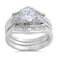 Sterling Silver 2.85 cttw Round, Pear And Baguette Cubic Zirconia 3 Band Ring