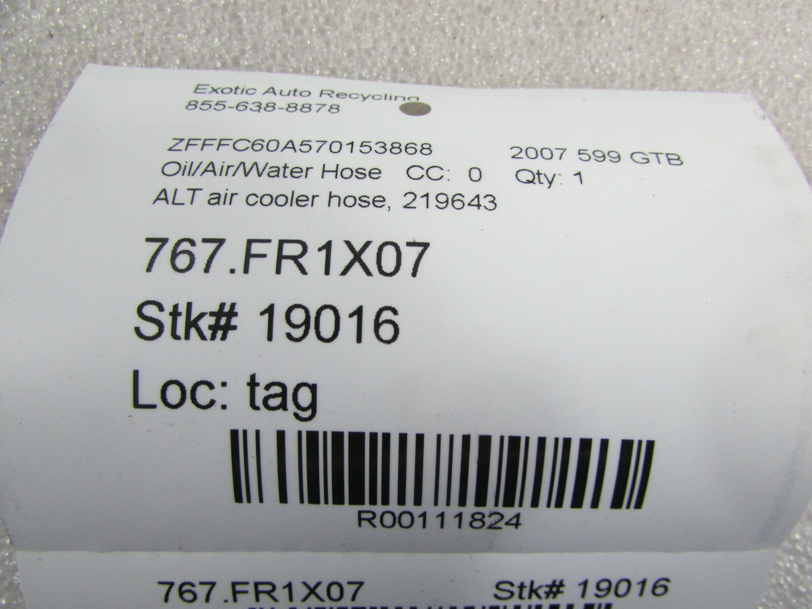Ferrari 599 GTB, Alternator Air Cooler Hose, Used, P/N 219643