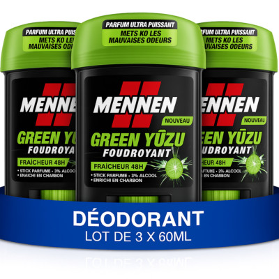 3er Set Mennen Deodorants GREEN YUZU 48H Stick Large Alkoholfrei 3 x 60ml