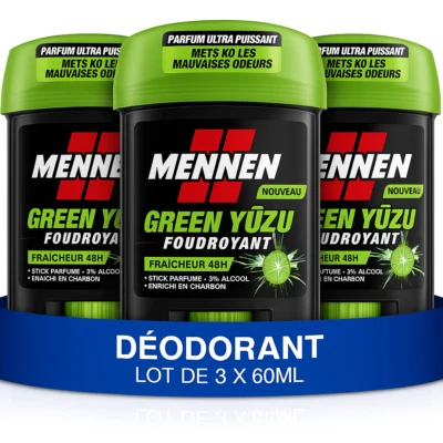 Lot 3 Déodorants Mennen GREEN YUZU 48H Stick Large Sans Alcool 3 x 60ml - Photo 1/4