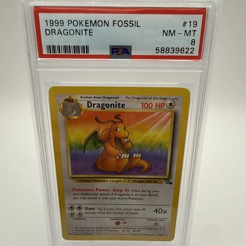 1999 POKEMON FOSSIL #19 DRAGONITE NON HOLO UNLIMITED MINT PSA 8