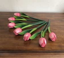 Vintage Realistic Hand Made Wooden 7 Pink Tulips Flowers Bouquet