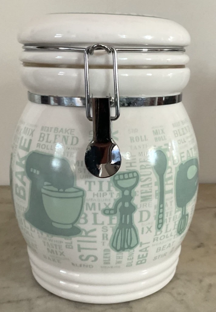 Let's Bake Hinged Canister White w/Green Design - Mixer, Rolling Pin, Whisk