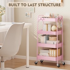 TOOLF 4-Tier Rolling Cart, Metal Utility Cart with Lockable Wheels Pink