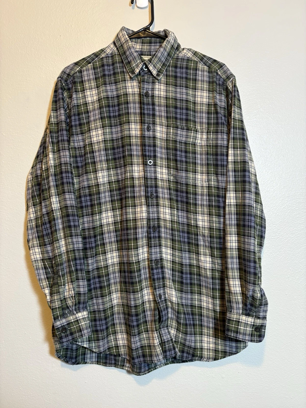 LL Bean Flannel Shirt M Tall Green Plaid Button Down Cotton Outdoors Hiking
