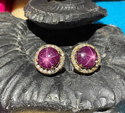 14k Star Ruby Diamond Halo Earring, Sterling Silver 6 Rays Star Earring
