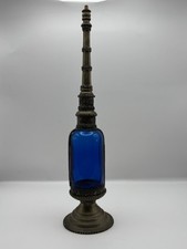 Vintage Moroccan Blue Glass Perfume Bottle With Ornate Metal Overlay