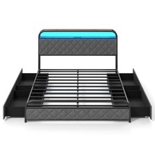 Queen Size Bed Frame with LED Lights  Charging Station Storage Headboard