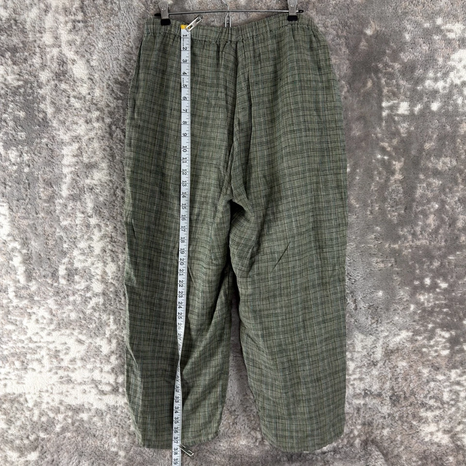 Flax Size M Linen Plaid Ankle Straight Leg Pants Green Casual Pull On Flat Front - Image 2 of 4