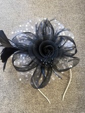 Derby hat Mesh Flower , Headpiece with Feather, Beaded Accents, Polka Dots