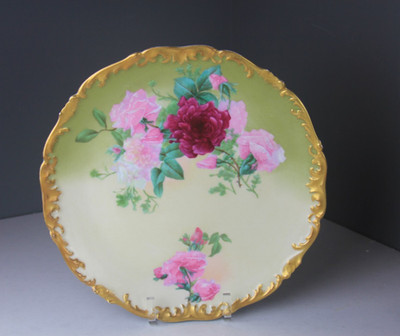Antique T&V Limoges France Porcelain Plate w/ Rose Motif & Gold Gilt Rim 12.5''