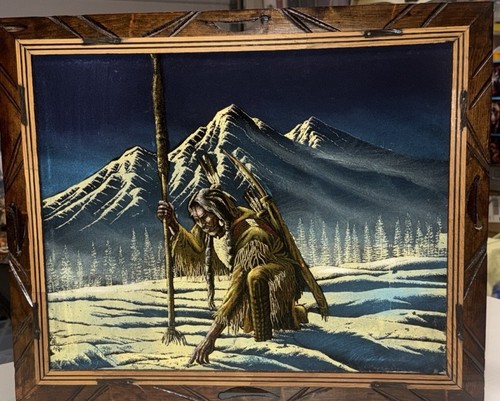 Vintage Original Native American Tracking Velvet Painting By Ernesto Sanchez