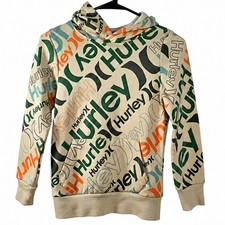 Hurley Youth Small Hoodie Beige Multicolor Logo Print Pullover Kids 8-10 Yrs