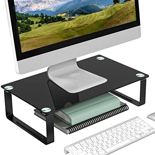 Clear Computer Monitor Stand Riser,Tempered Glass Monitor Riser Heavy Black