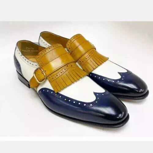 Handmade Navy White & Tan Three Tone Leather Oxford Formal Dress Shoes For Men - Picture 1 of 5