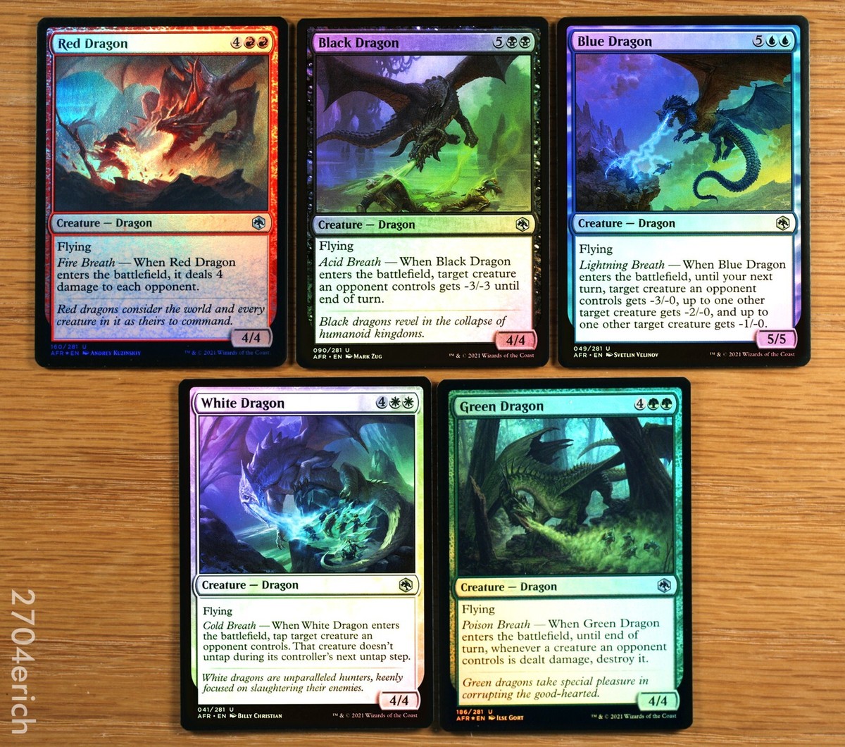 Set of 5 Different FOIL Dragons / Black, Blue, Green, Red