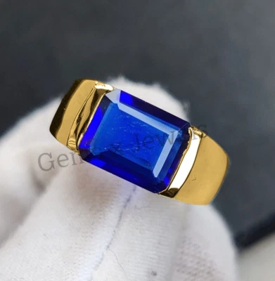 14k Yellow Gold Plated 925 Sterling Silver Natural Sapphire Gemstone Men's Ring