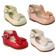 BABY MÄDCHEN SCHLEIFE SCHUHE SPANISCHER STIL GLITZER LACK T BAR PARTY WANDERSCHUHE