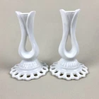 Fostoria RANDOLPH Milk Glass 6.5" Single Light Candlestick SET/2 Reticulated VTG