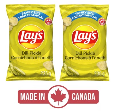 2-Pack Lay's Dill Pickle Chips (235g) Bags Snacks Canada Family Size Popular