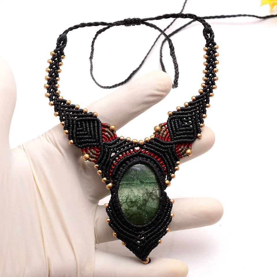 Natürliches Grün Erdbeere Quarz Boho Makramee Choker Heilung Kristall Halskette - Bild 4 von 4