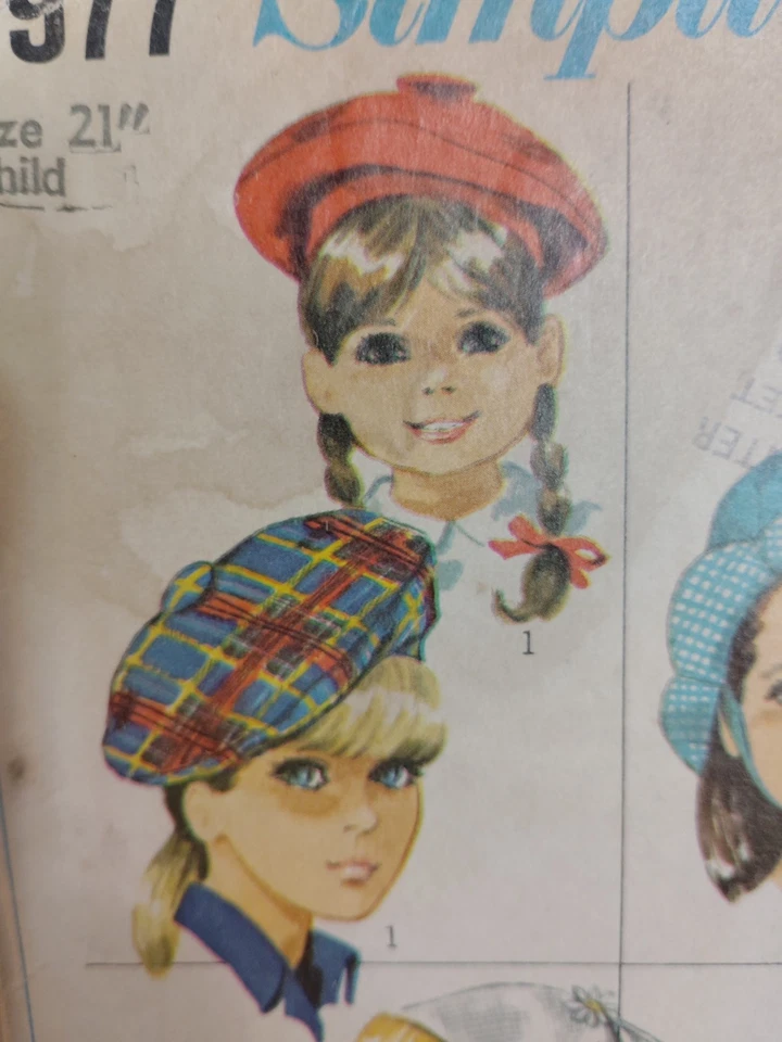 Simplicity 7977 Hats Helmet Sun Bonnet Beret Sewing Pattern Childs 21" VTG 60s - Image 3 of 4