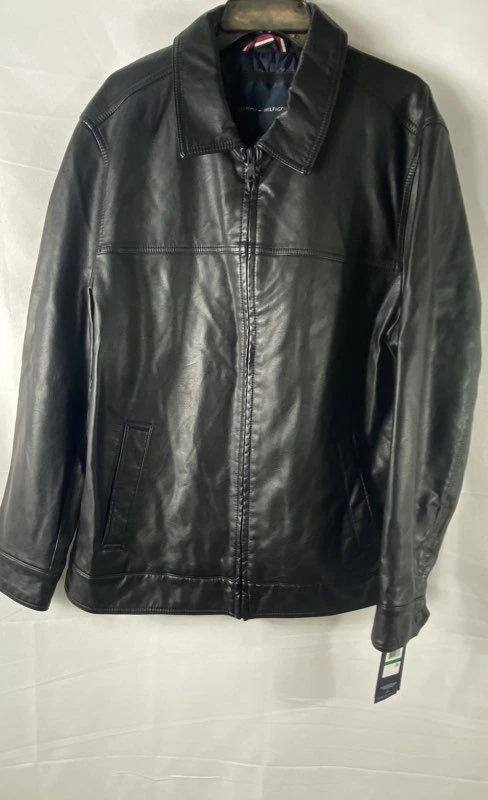 Tommy Hilfiger Men's Black Faux Leather Jacket Full Zip Quilted Lined Sz LT NWT