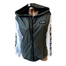 Victoria's Secret Pink Full Zip Hoodie Anorak Windbreaker Jacket Gray/White NWT