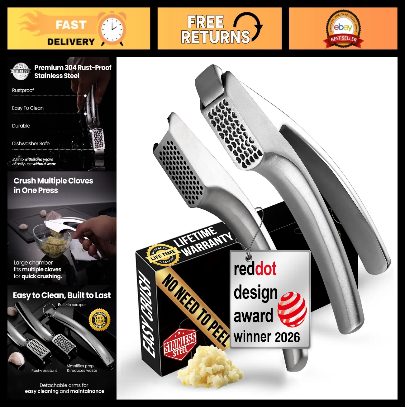 Stainless Steel Garlic Press - No Peel, Detachable Handles, Easy Clean, Dishwash