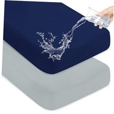 Waterproof Crib Sheets for Boys 2 Pack, Fitted Baby 52" x 28" Navy and Grey