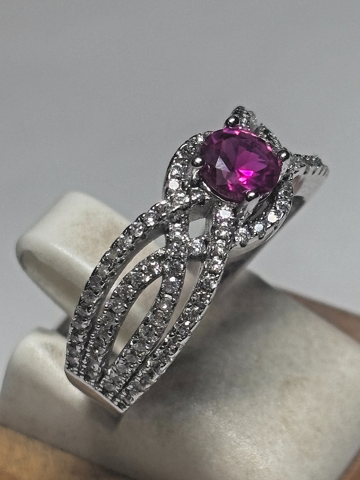 925 Silver Lab Created Ruby Center Stone & CZ Acc… - image 2
