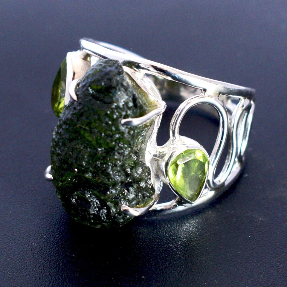 Anello Moldavite Naturale Argento Sterling 925 Peridoto Gemma Anniversario... - Immagine 4 di 4