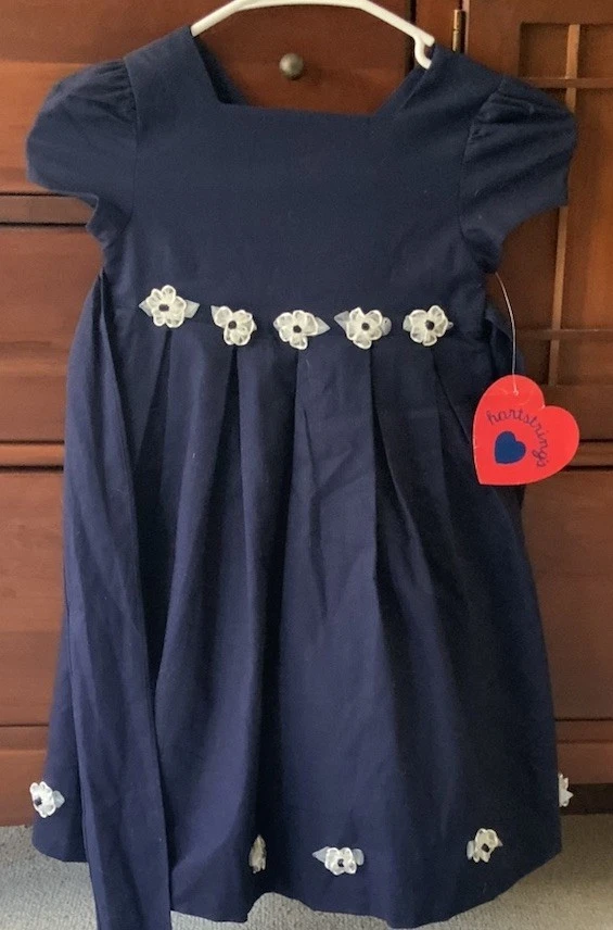 NWT HARTSTRINGS Little Girl’s Navy Blue Boutique Linen Dress 4T Bonus Beret Hat - Image 2 of 4