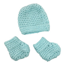 Handmade Crocheted Baby Beanie Hat  Booties Layette Ensemble Light Aqua Blue