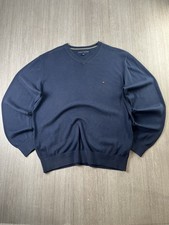 TOMMY HILFIGER MENS V-NECK JUMPER SWEATER PULLOVER Navy Size Large Cotton