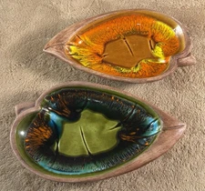 2 Vintage Santa Anita Ware Autumn Leaf And Green Leaf 8" Dish Bowl Orange  CA