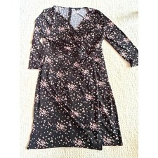 Ann Taylor Faux Wrap Dress Womens 12 Black Pink Polka Dot Office Work
