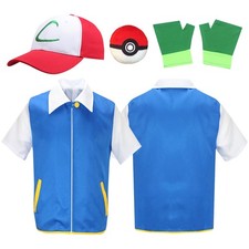 Ash Ketchum Cosplay Anime Kleidung Herren Blau Jacke Kappe Handschuhe Set Outfit