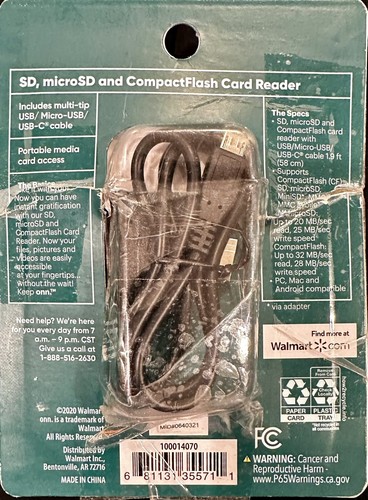 Onn SD, microSD and CompactFlash Card Reader 100014070 NEW (read) - Picture 2 of 2