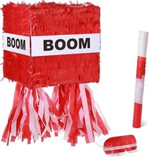 Piñata pequeña pluma roja con venda para los ojos y palo piñata en forma de cubo pequeño 7"x7"x7"