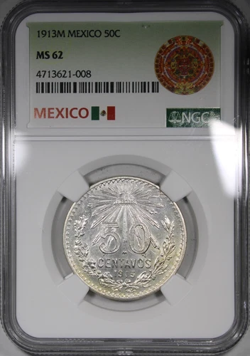 1913M Mexico 50 Centavos NGC MS62 Mostly White Coin